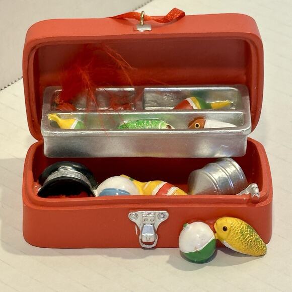Miniature Fishing Tackle Box Ornament Red Resin Bobbers Lures Fish Decor 3.5" - Picture 4 of 9